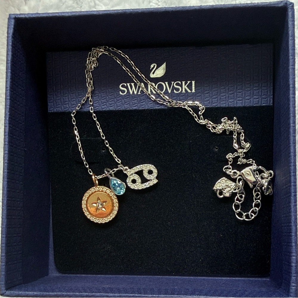 Swarovski Silver Necklace with Rose Gold and Blue Charms
